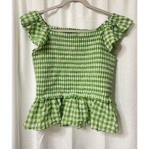Draper James Women’s Green And White Check Stretch Ruffled Blouse Size L